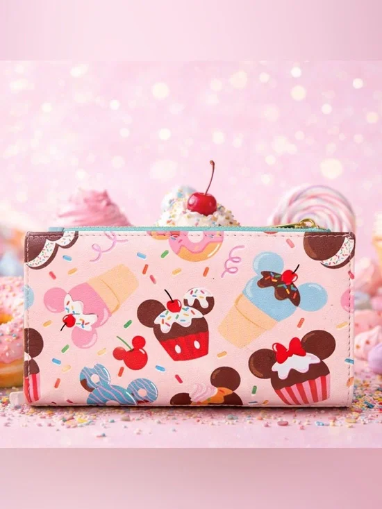 Loungefly x Disney Mickey & Minnie Mouse Sweet Treats Pink Bi-Fold Snap Wallet - Picture 2 of 5